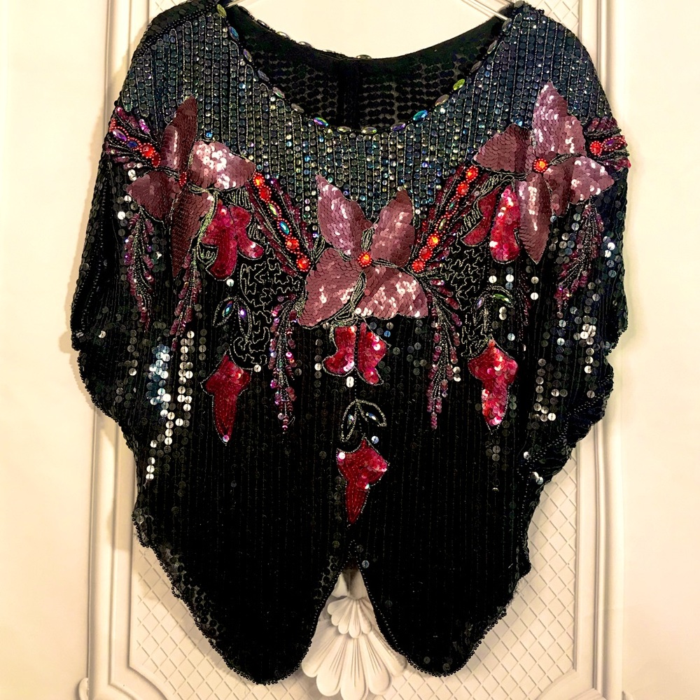 Vintage Iridescent 70s Sequin Disco Butterfly Cropped Boho Proncho